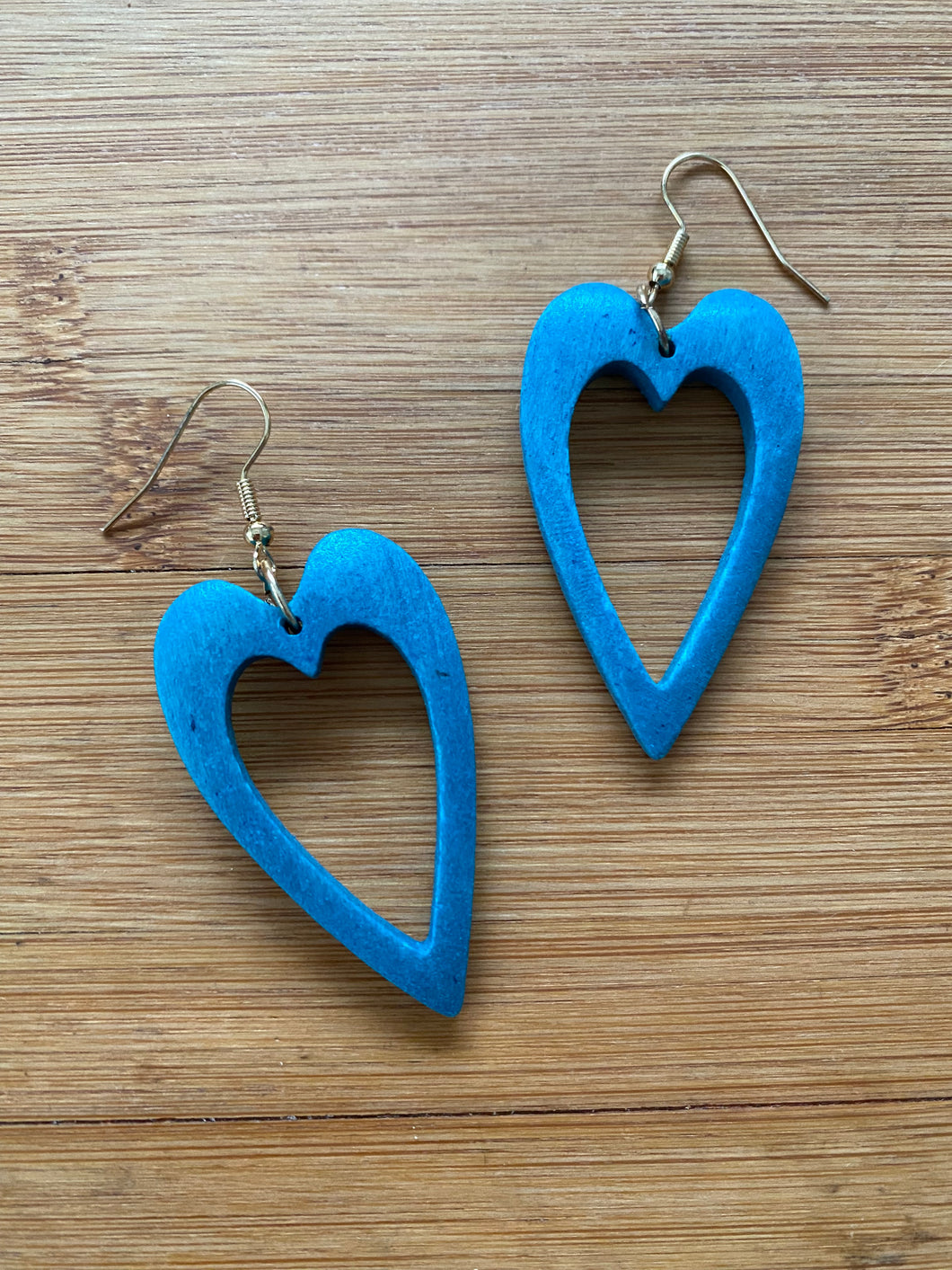 Handcrafted African Wooden Drop Earrings - Blue Heart