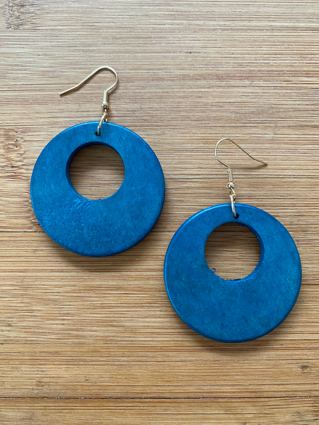 Handcrafted African Wooden Drop Earrings - Blue Round