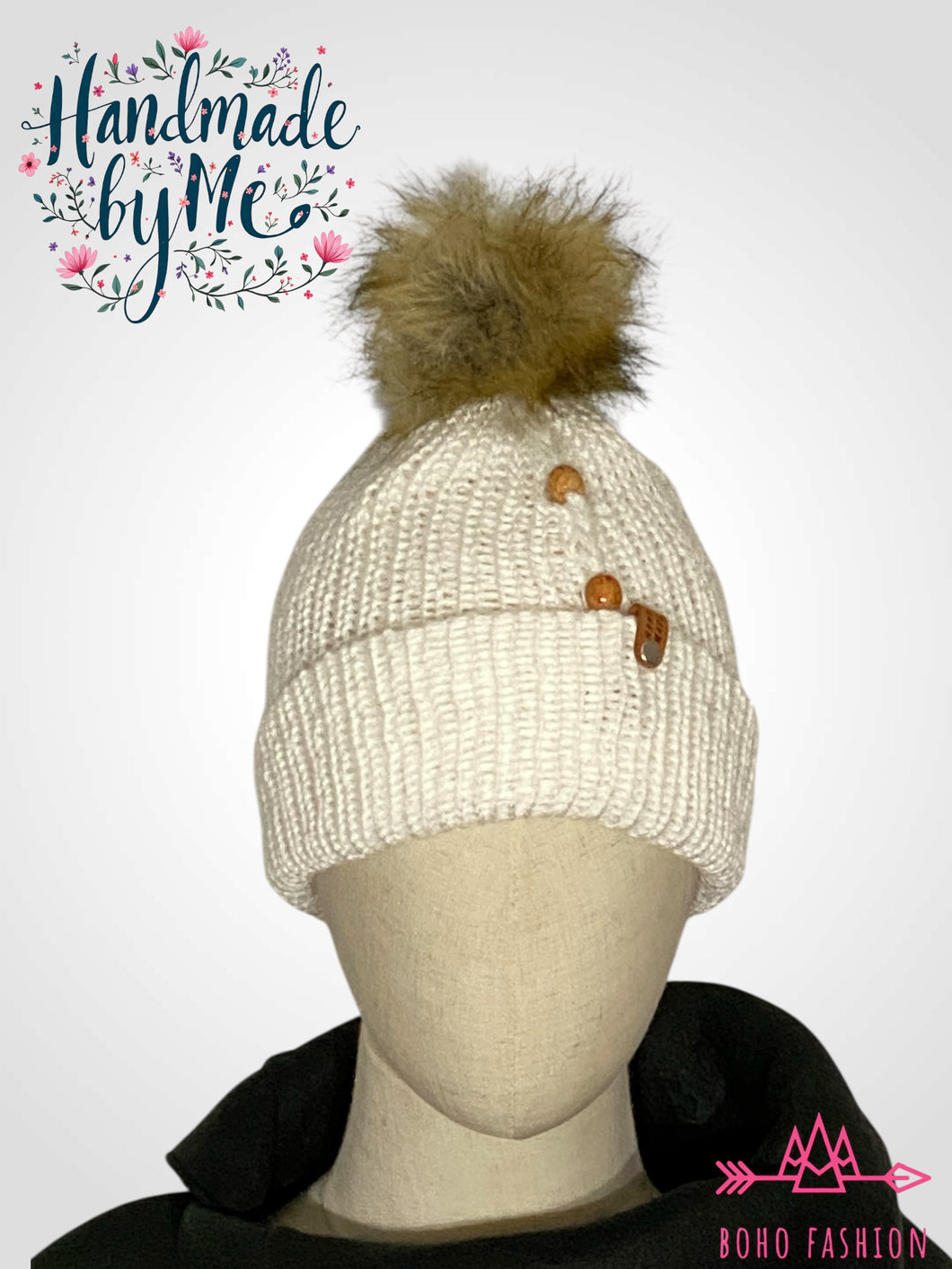 Handmade Knit Beaded Beanie with Removable Pom