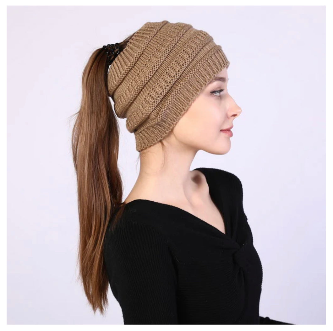 Knitted Beanie with Messy Bun Hole