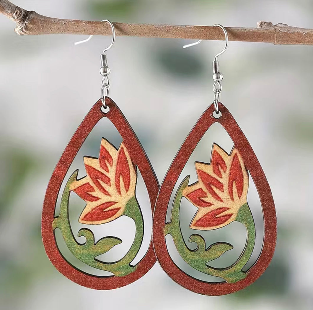 Handcrafted African Wooden Drop Earrings - Flower