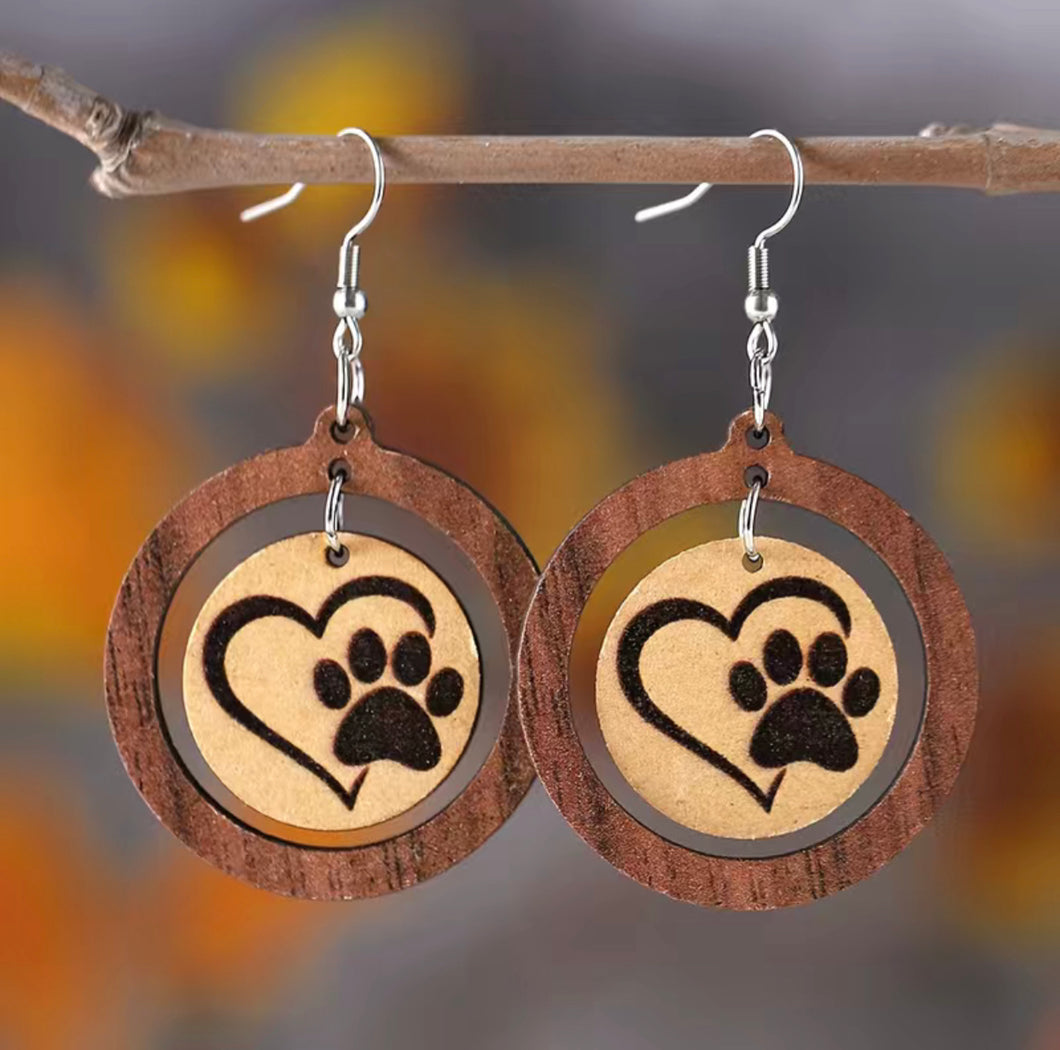 Handcrafted African Wooden Drop Earrings - Pawprint