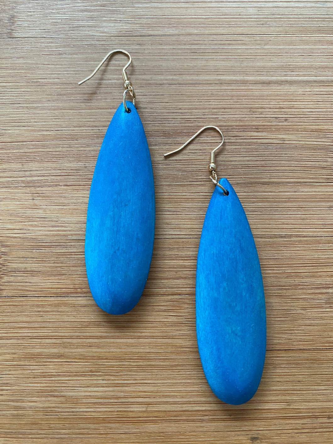 Handcrafted African Wooden Drop Earrings - Blue Droplet