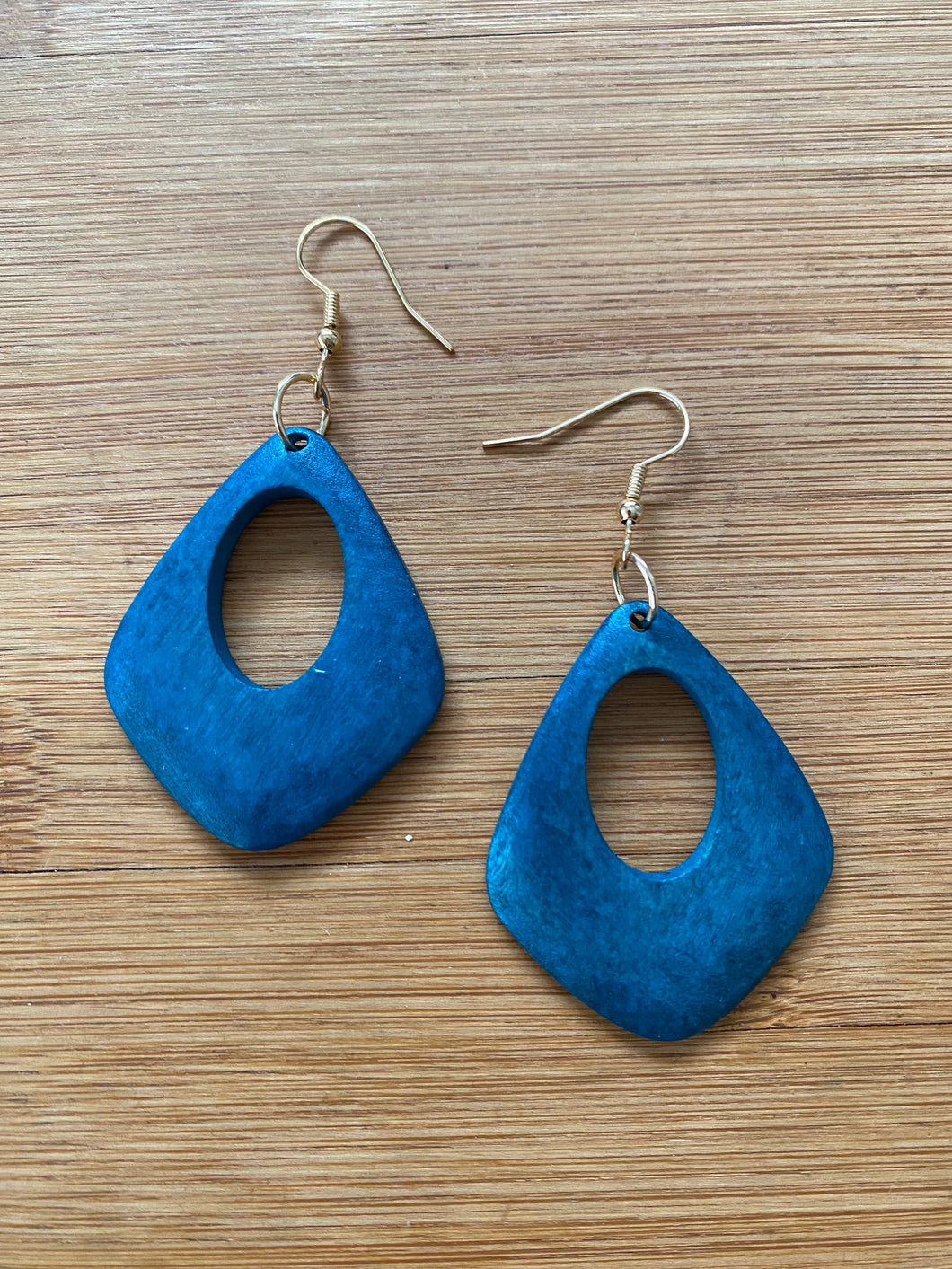 Handcrafted African Wooden Drop Earrings - Blue Drop