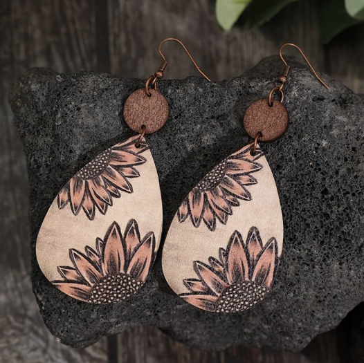 Handcrafted African Wooden Drop Earrings - Sunflower