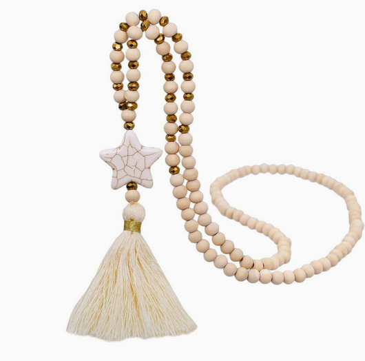 Semi-Precious Stone and Wooden Bead Long Necklace - Star
