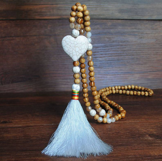 Semi-Precious Stone and Wooden Bead Long Necklace - Heart