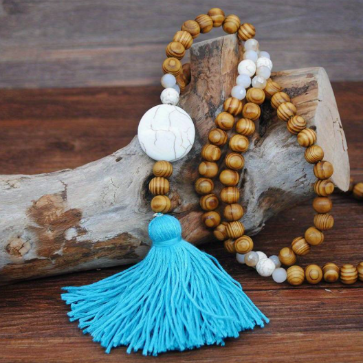 Semi-Precious Stone and Wooden Bead Long Necklace - Circle