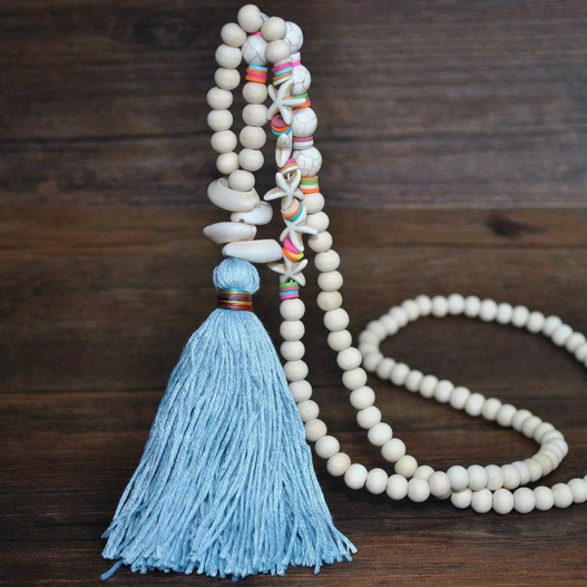 Semi-Precious Stone and Wooden Bead Long Necklace - Shell