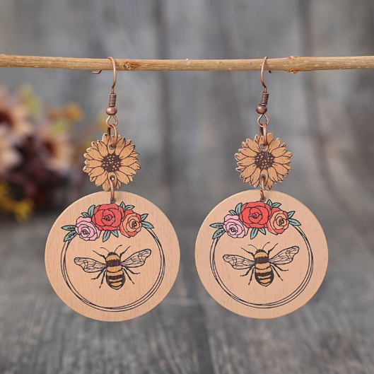 Handcrafted African Wooden Drop Earrings - Bee