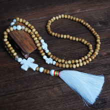 Load image into Gallery viewer, Semi-Precious Stone and Wooden Bead Long Necklace - Cross
