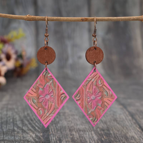 Handcrafted African Wooden Drop Earrings - Pink