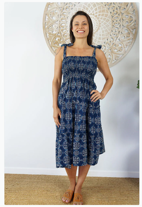 3/4 Tie Up Smock Dress Katmandu Print
