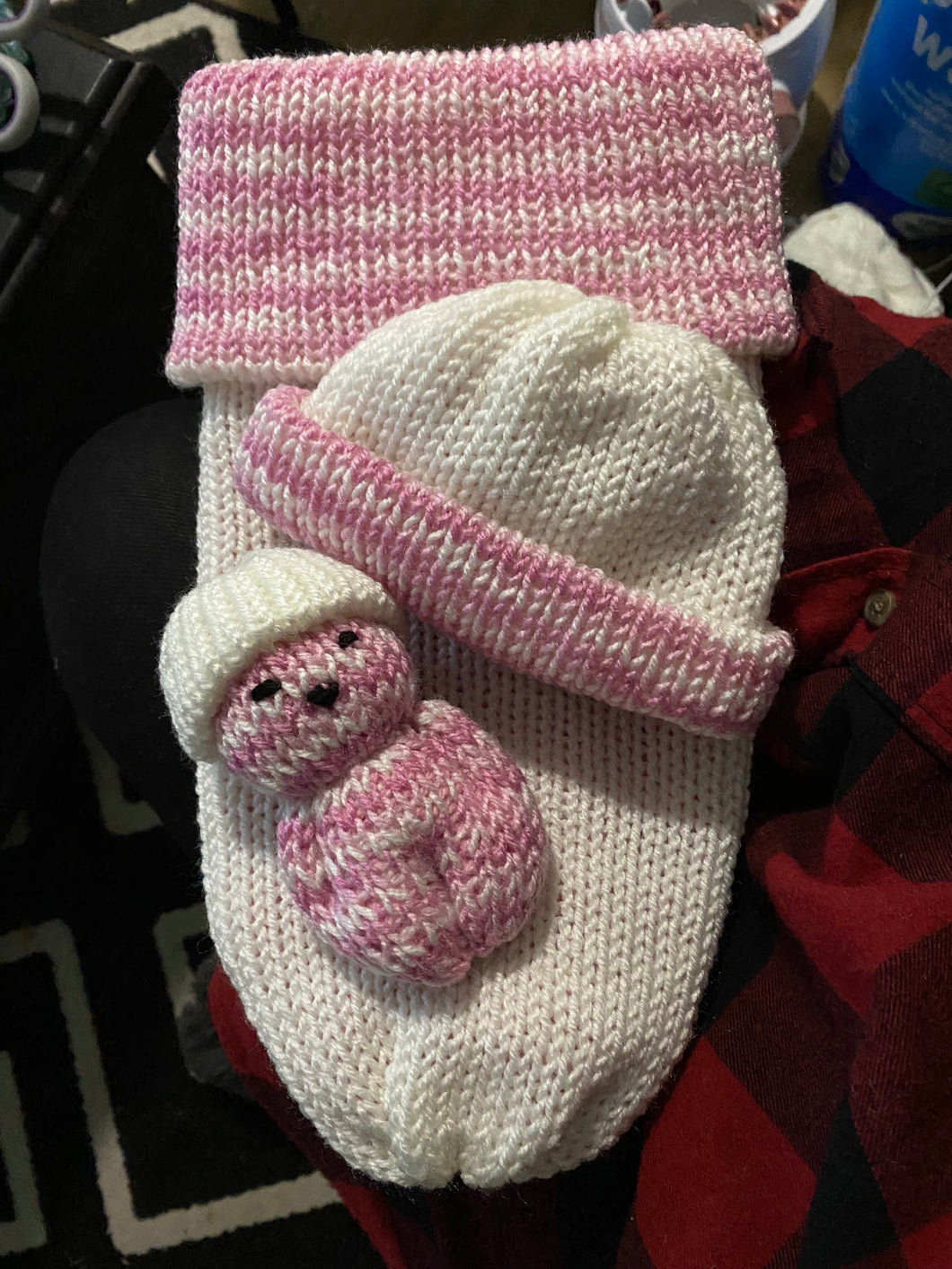 Hand Knitted Newborn Snuggle Sack with Beanie and Toy