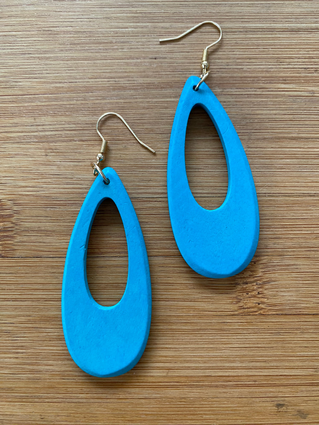 Handcrafted African Wooden Drop Earrings - Blue Droplet