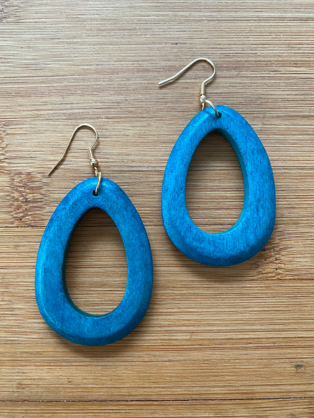 Handcrafted African Wooden Drop Earrings - Blue Droplet