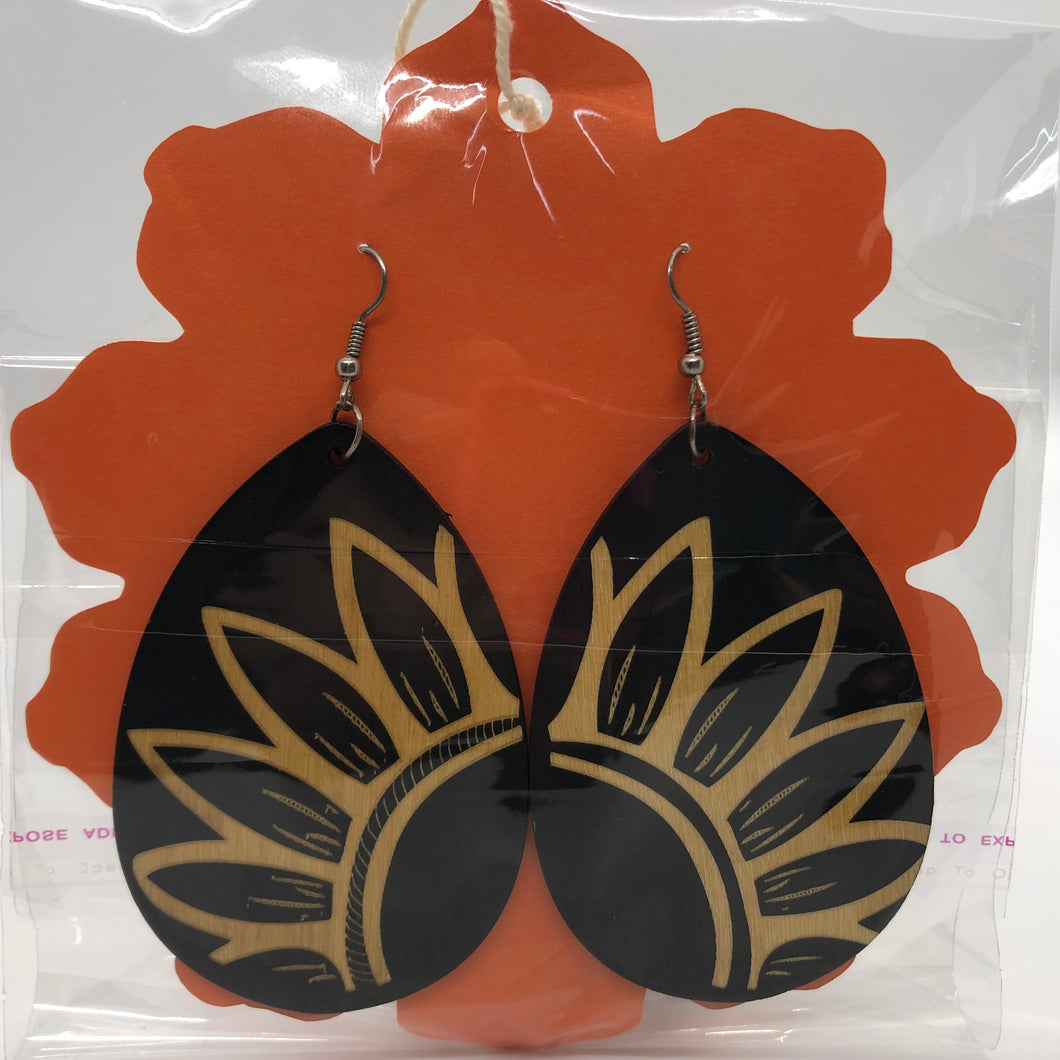 Handcrafted African Wooden Drop Earrings - Sunflower Tear