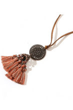 Load image into Gallery viewer, Handmade Leather and Silk Round Tassel Long Necklace
