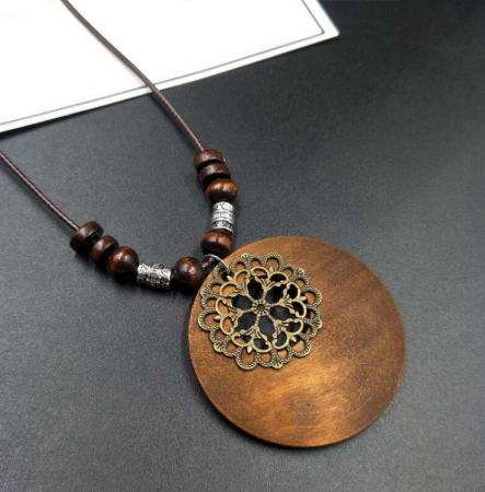 Handmade Leather and Wood Long Necklace