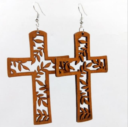 Handcrafted African Wooden Drop Earrings - Cross Tan