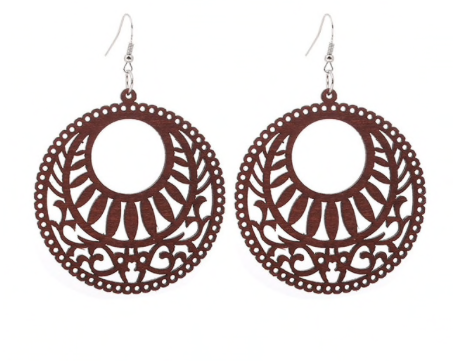 Handcrafted African Wooden Drop Earrings - Circle Brown