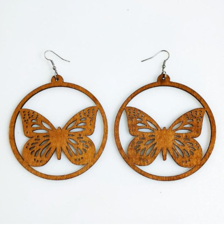 Handcrafted African Wooden Drop Earrings - Big Butterfly Tan