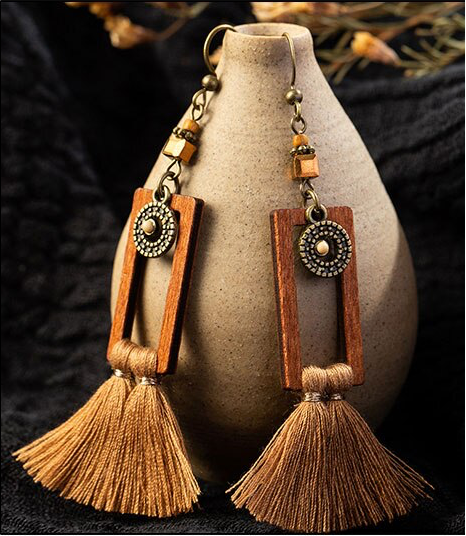 Boho Wood and Silk Tassel Earrings