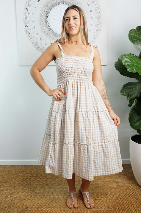 3/4 Tie Up Smock Dress Gingham Print