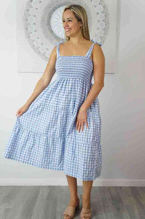 3/4 Tie Up Smock Dress Gingham Print