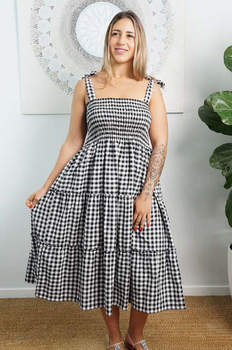 3/4 Tie Up Smock Dress Gingham Print
