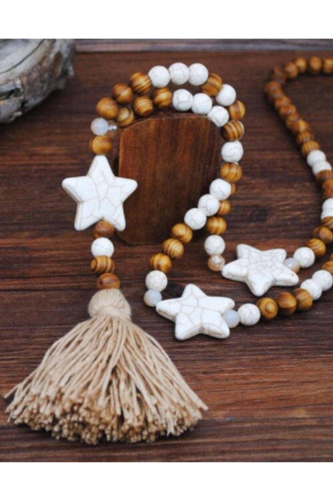 Semi-Precious Stone and Wooden Bead Long Necklace - Star