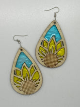 Load image into Gallery viewer, Handcrafted Stained Glass Wooden Drop Earrings - Sunflower
