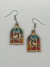 Load image into Gallery viewer, Handcrafted Stained Glass Wooden Drop Earrings - Birdcage
