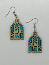 Load image into Gallery viewer, Handcrafted Stained Glass Wooden Drop Earrings - Birdcage
