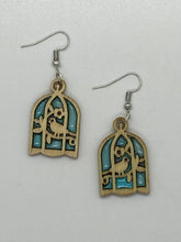 Load image into Gallery viewer, Handcrafted Stained Glass Wooden Drop Earrings - Birdcage
