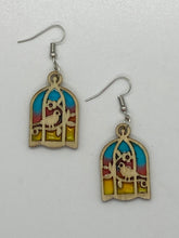 Load image into Gallery viewer, Handcrafted Stained Glass Wooden Drop Earrings - Birdcage
